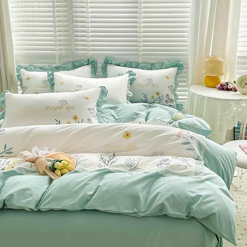 韩式全床棉长绒棉四上件套纯725棉刺绣蕾丝花边被套床单床笠款罩