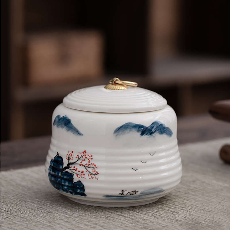 手绘茶叶罐陶瓷复古普洱红绿茶白茶通用存储茶罐家用密封空盒摆件