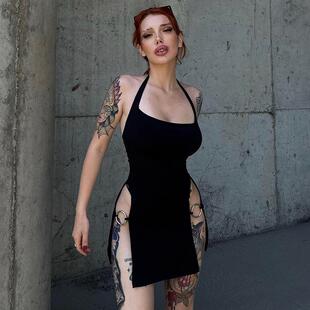 Women Halter Neck Bodycon Dress, Sexy High Slit Ring Cutout