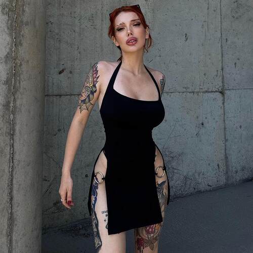 Women Halter Neck Bodycon Dress Sexy Slit Ring Cutout Midi
