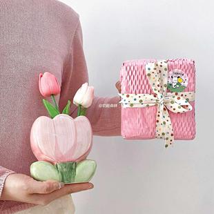 花朵陶瓷笔筒桌面花瓶摆件可爱女生笔架办公室文具置物架创意装饰