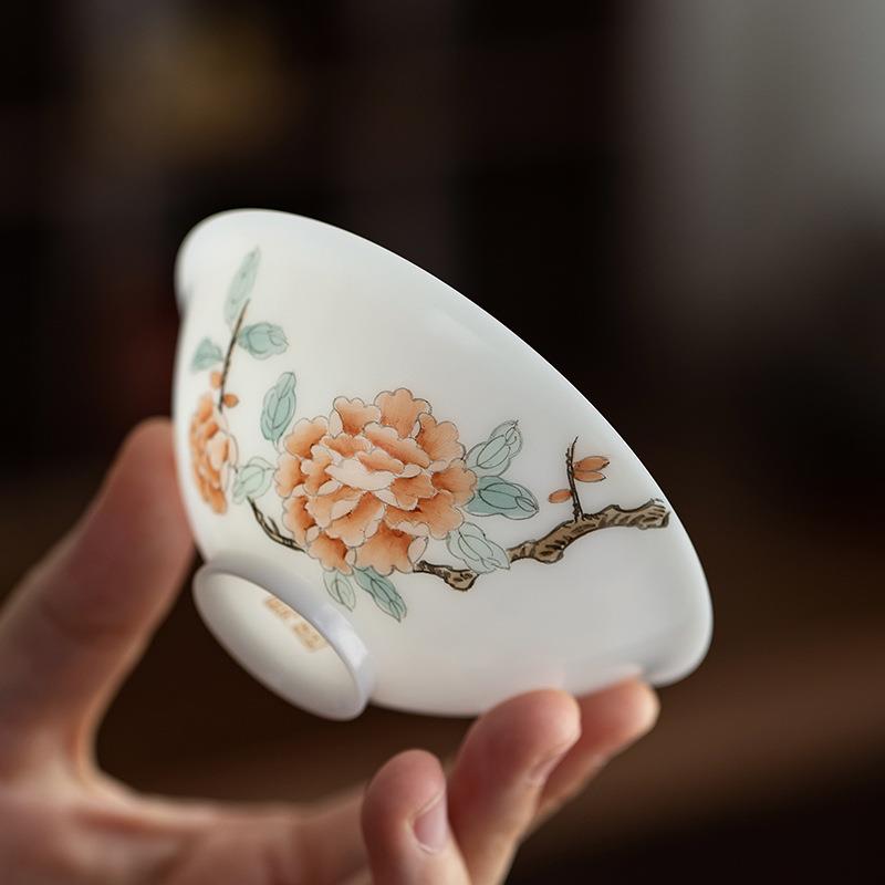 白皙玉泥手绘主人杯白瓷蝴蝶花卉斗笠杯薄胎茶杯家用办公室品茗杯