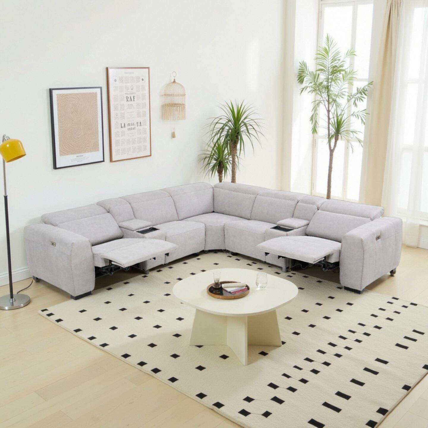 北欧客厅异形转角沙发电动功能科技布大户型L型高靠背可调节储物