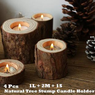 4Pcs Natural Tree Stump Candle Holder Wooden Tealight