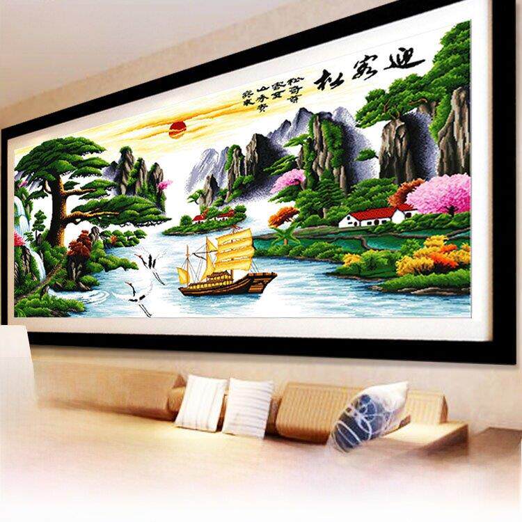 绣好的纯手工十字绣成品迎客松财运版2米 山水画客厅系列风景出售
