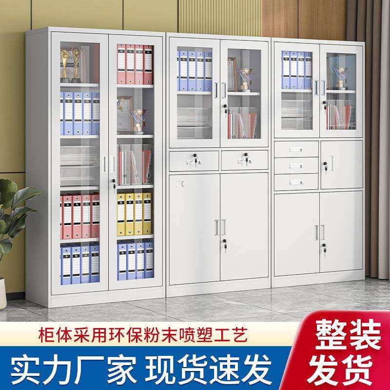 钢制文件柜办公资料柜铁皮矮柜玻璃门储物柜防潮带抽屉透明收纳柜