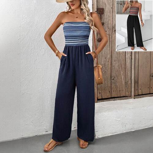 Jumpsuit elastic splicing striped jumpsuit pants