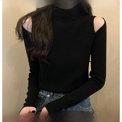 Rouje Tusse半高领脱肩套头针织底衫的妇女利基苗条合身内羊毛衫