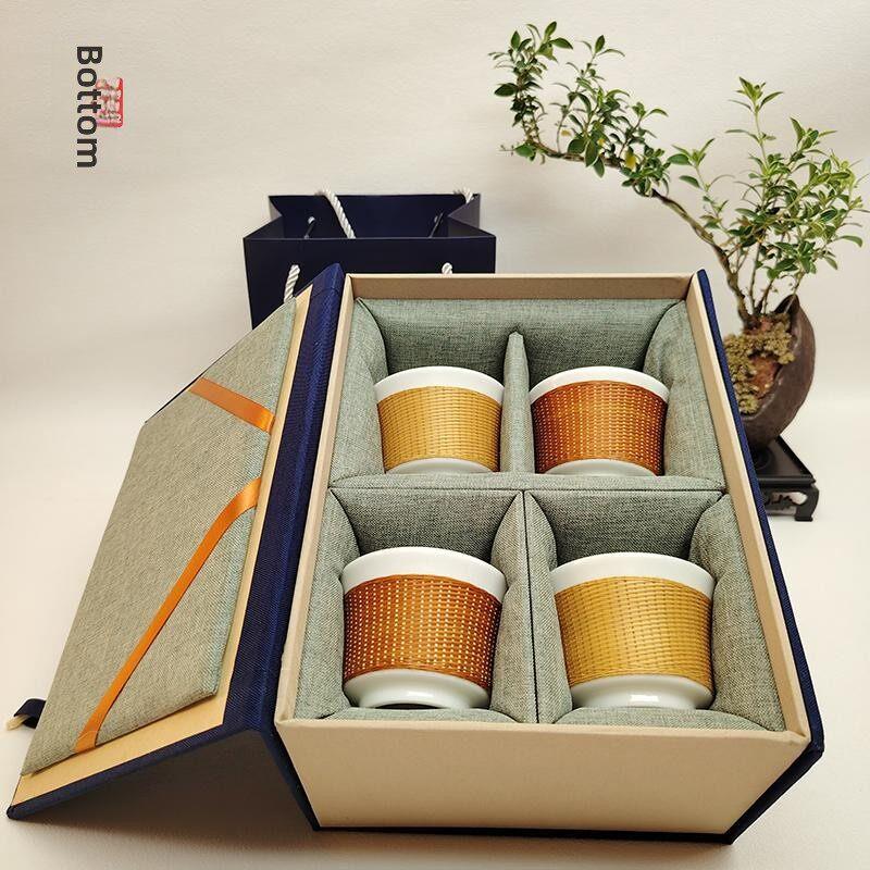 竹丝扣瓷茶具品茗杯茶杯四川瓷胎竹编茶具商务送礼送外国人非遗