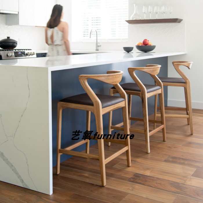 欧式覆古轻奢吧椅靠背高脚椅白蜡木实木酒吧台椅咖啡厅高脚凳子椅