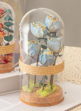 花束真玫瑰花干 干燥花植物标本女生日礼物永生花玻璃罩桌面摆件