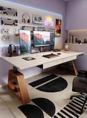 动降桌腿工作台家用电电脑办桌子升ZOS降马鞍皮岩板加长电竞公书