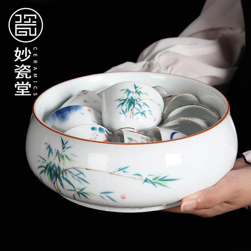 陶瓷茶洗缸大号 功夫茶具配件手绘茶杯水洗收纳盆 茶碗笔洗茶道缸