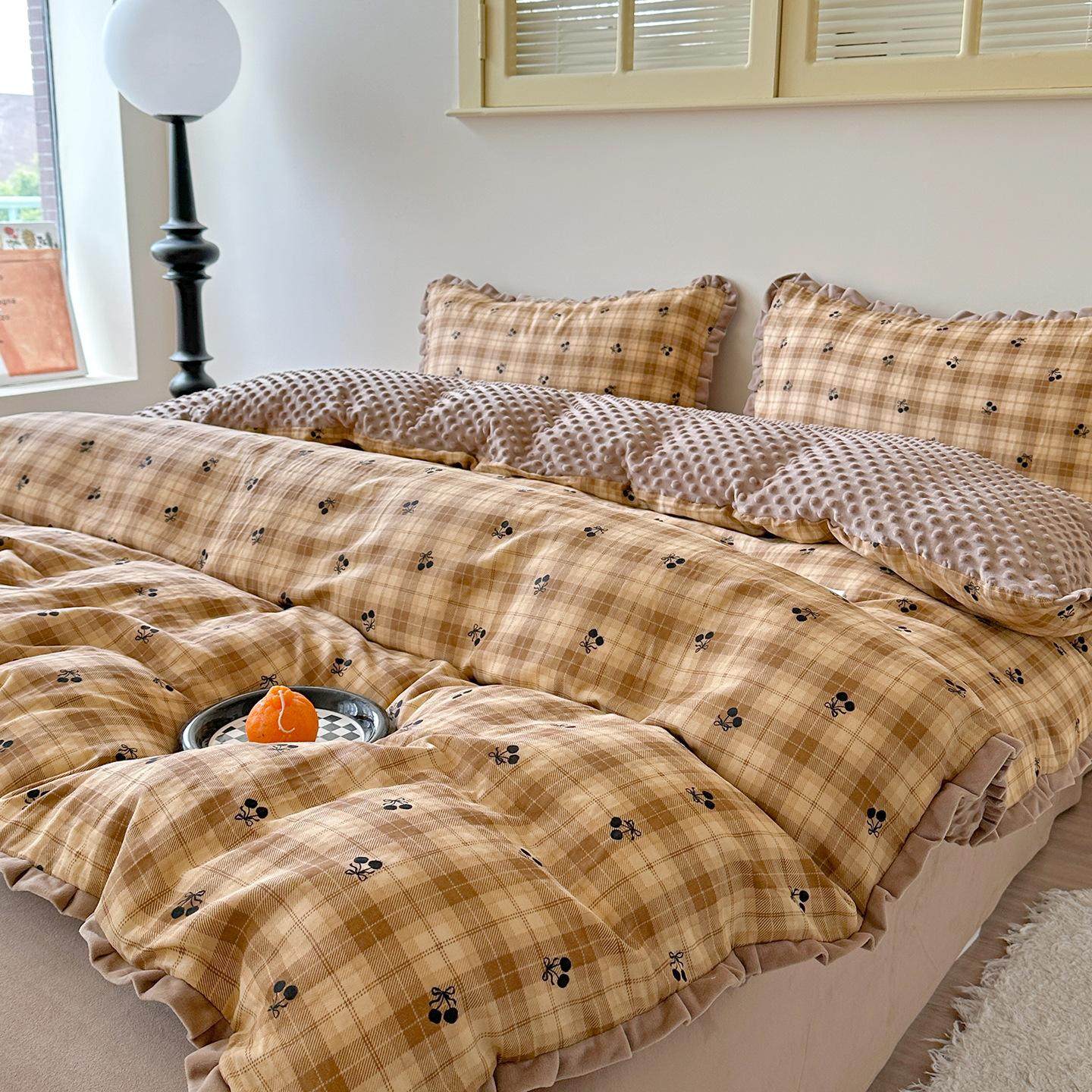 韩系ins格子冬保暖亲肤舒适花边棉加绒四件套学生床品套件,床上用品,床品套件/四件套/多件套,淘宝优惠券,粉丝福利购,淘宝优惠卷