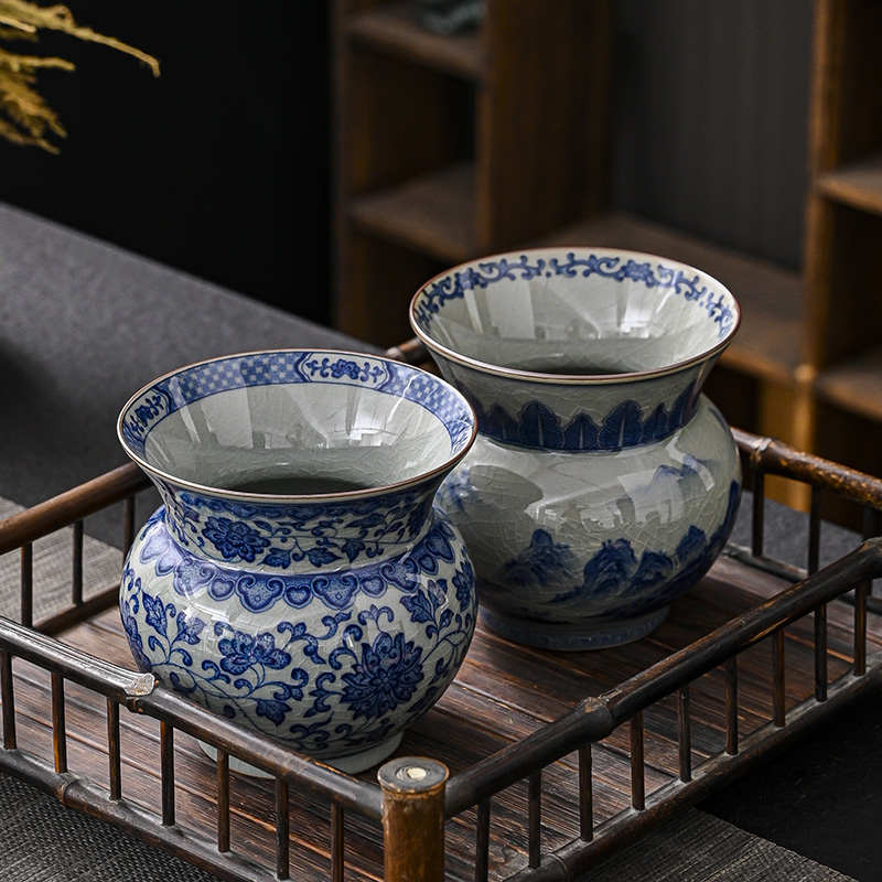 老陶泥青花茶渣缸建水茶洗陶瓷茶盂水盂茶水桶笔洗茶道零配批发桶