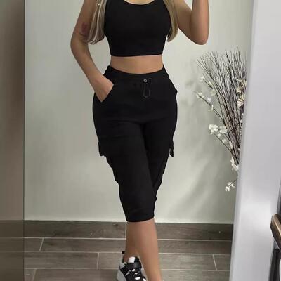 Women's elastic waistband slimming multi pocket cropped