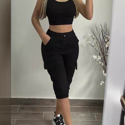 Women's elastic waistband slimming multi pocket cropped