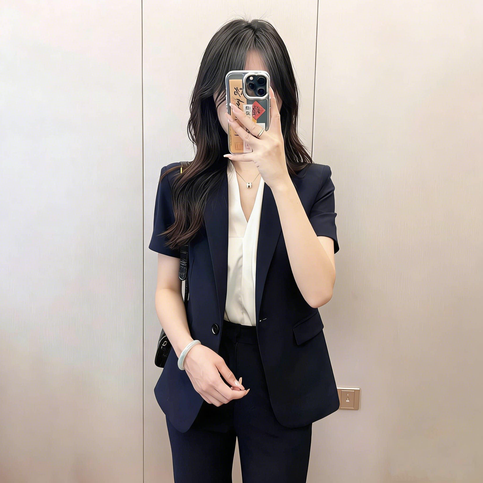 藏青色短袖西装套装女夏季气质高级大学生公考面试正装经理工作服
