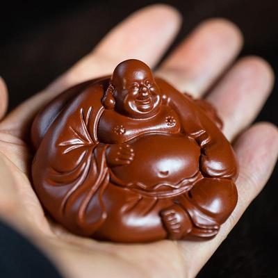 宜兴紫砂茶宠弥勒佛摆件大红袍高枕无忧如来手把件雕塑