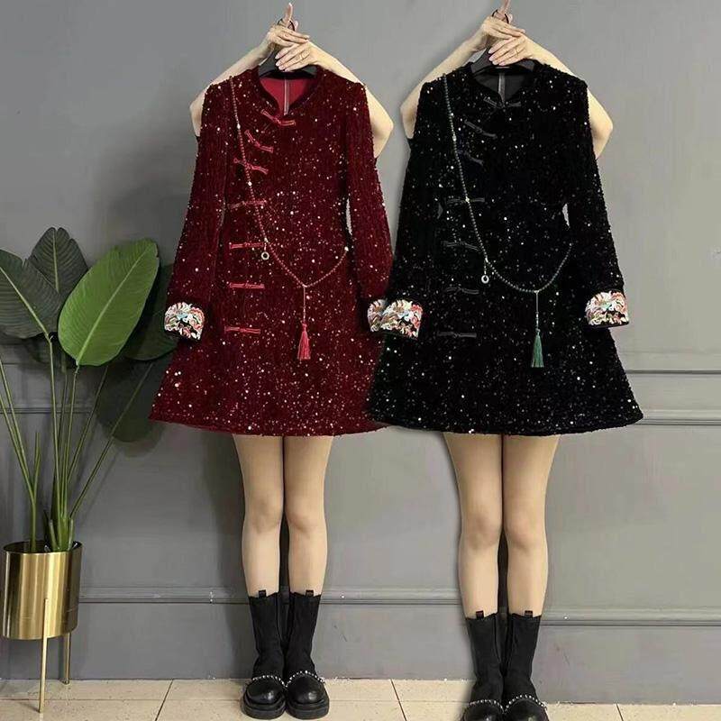 香港国风大码亮片新中式连衣裙春秋冬款红色盘扣改良年轻版旗袍裙