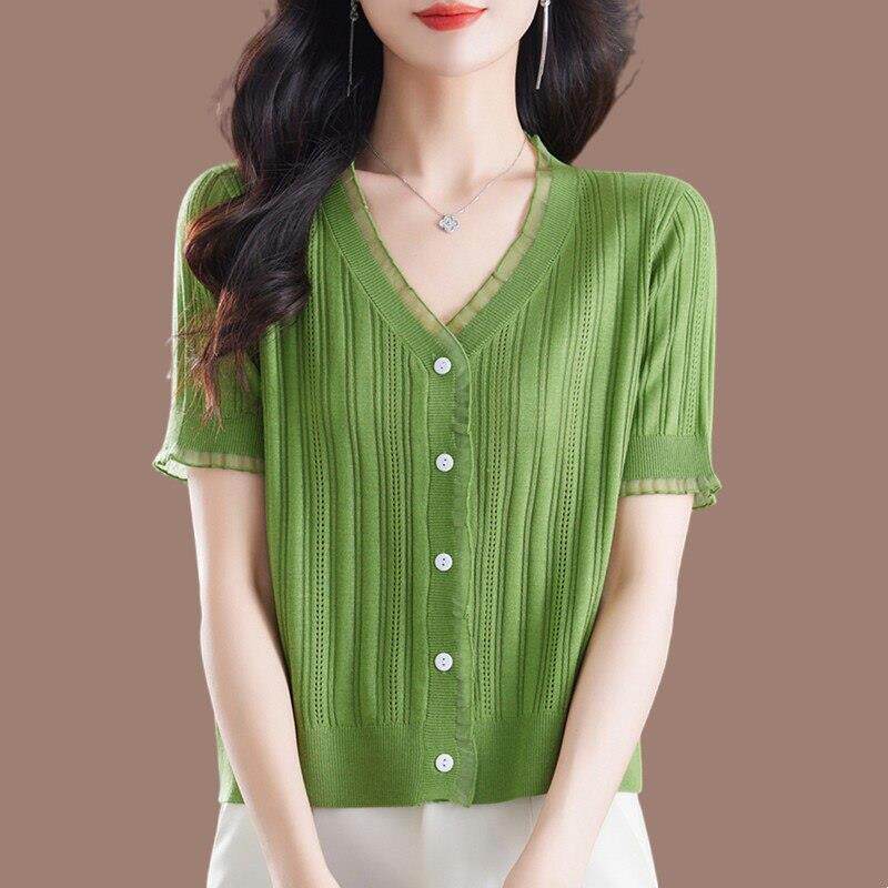 2025新款桑蚕丝女夏季蕾丝V领中年妈妈装配裙子短袖针织小开 衫T
