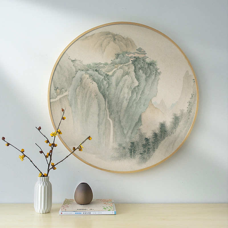 新中式装饰画客厅实木圆形挂画餐厅玄关过道书房水墨山水壁画国画图片