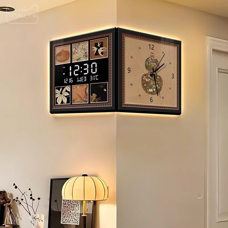 中古风转角双面挂钟2025新款客厅万年历电子钟表复古拐角时钟挂画