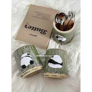 可爱筷子筒大熊猫竹筒餐具桶家用厨房刀叉收纳桶奶茶竹筒笔筒学生