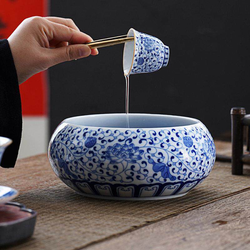 青花瓷茶洗茶渣缸高档建水白瓷水盂茶具配件鱼藻纹杯洗笔洗大号碗