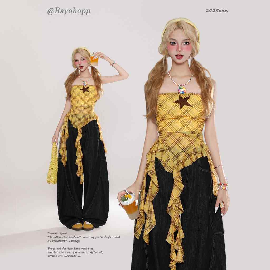 Rayohopp星星格纹抹胸背心女夏季新款美式辣妹黄色上衣音乐节穿搭