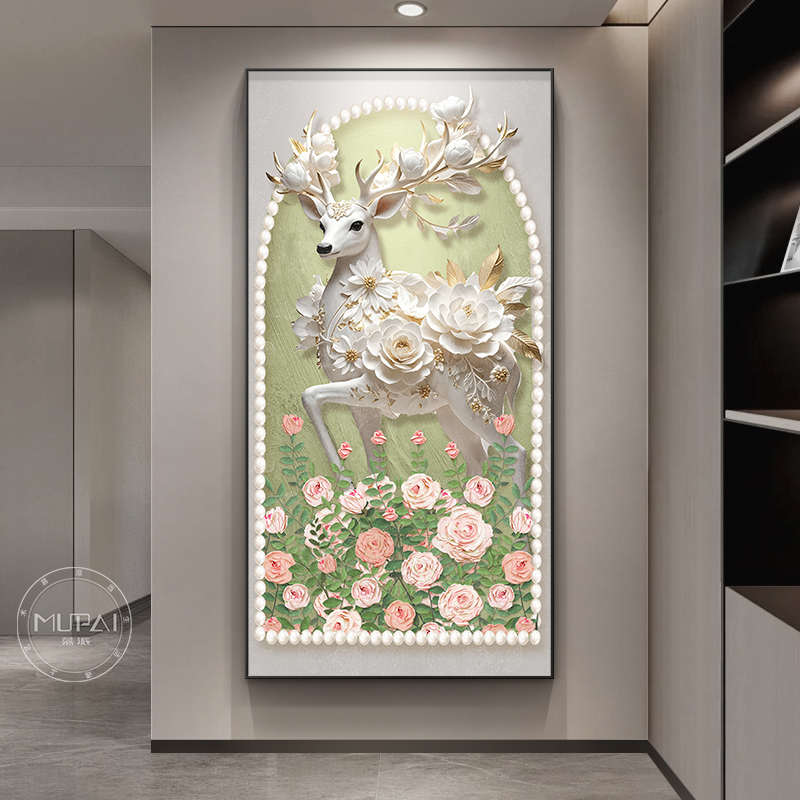 彩鹿立体入户正对门玄关装饰画奶油风走廊过道挂画法式客厅壁画灯