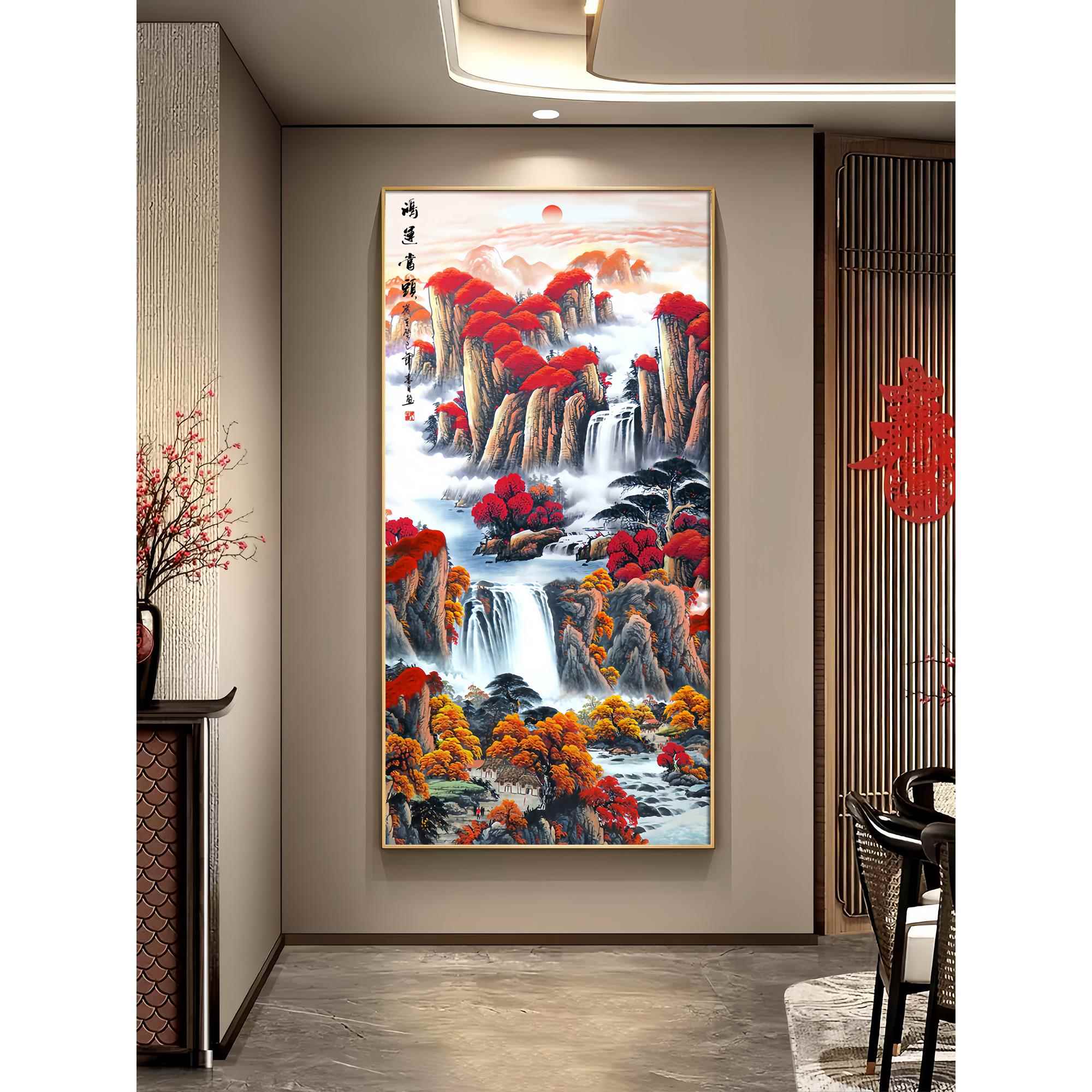 好运中国画入口装饰画钻石灯走廊过道山水画竖挂画墙画