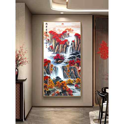 好运中国画入口装饰画钻石灯走廊过道山水画竖挂画墙画