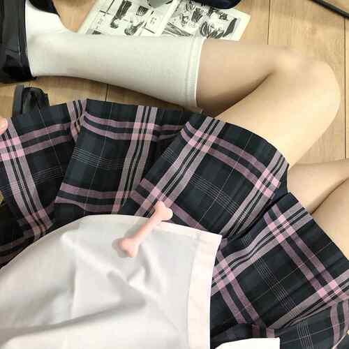 花千猪新品 小野樱格裙 jk制服校供感百褶裙黑粉格jk裙