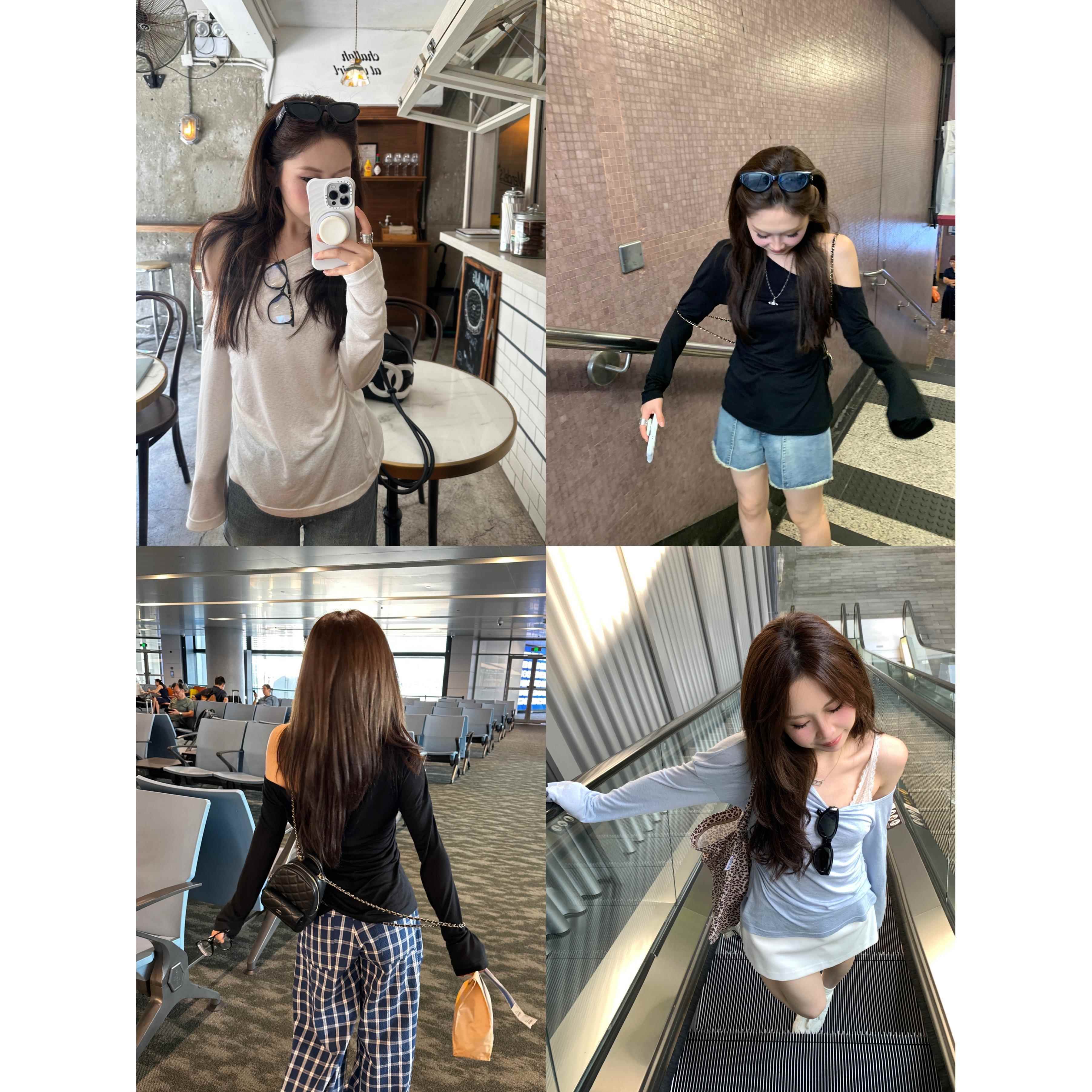 黄只只zzpalette 斜肩抽褶防晒长袖T恤女夏宽松休闲薄款露肩上衣