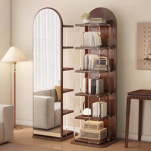 转全衣志身镜落地镜家用杂书架储物一体镜子立旋式可ZXZ移动试衣