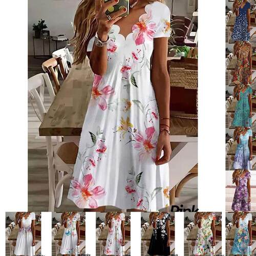 Printed wave neck short sleeved mid length dress