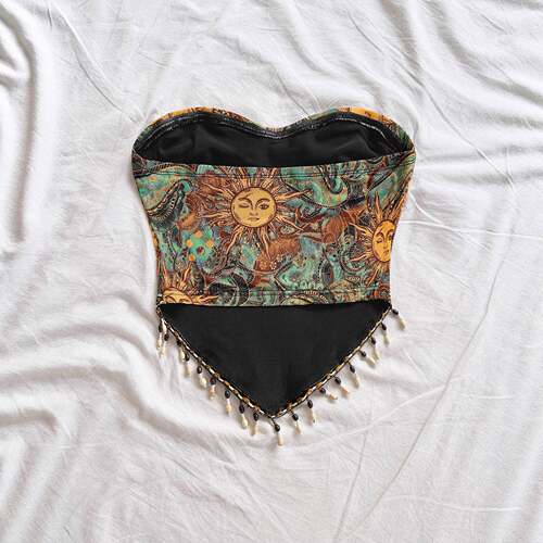 Womens Vacation Knit Floral Print Beaded Cami Top Perfect