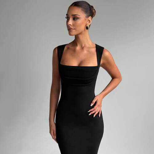 Women Square Neck Dress Sleeveless Evening Gown Ladies