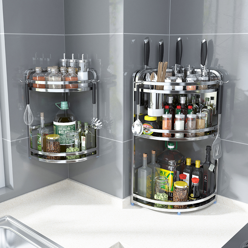 不锈钢厨房置物架转角拐角三角架调味料收纳壁挂台面调味品多功能