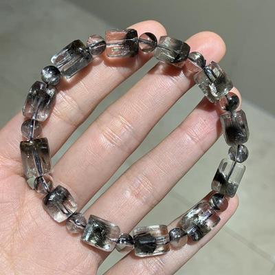 新品天然银钛晶糖块手链 男女单圈水晶方糖手串珠链尺寸8毫米左右
