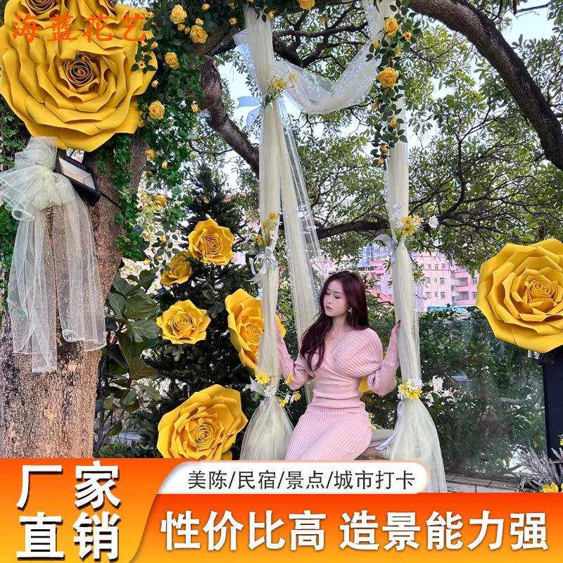 巨型美陈黄玫瑰向eva仿花色真藤条挂花藤曼日葵挂花路巨型黄色引