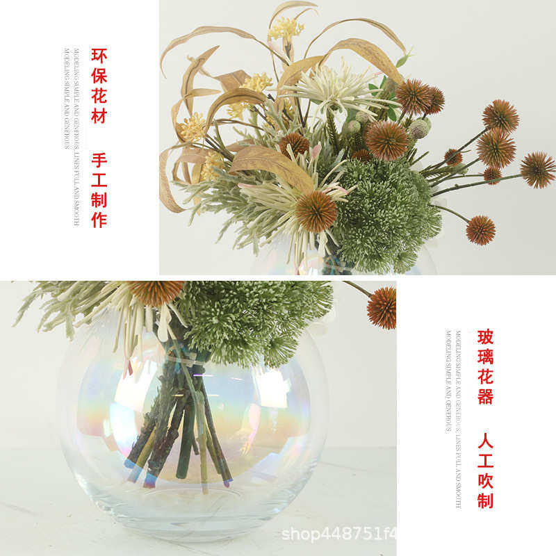 现代玻璃插花瓶酒店民宿会所仿真干花装饰品办公室洽谈桌假花摆件