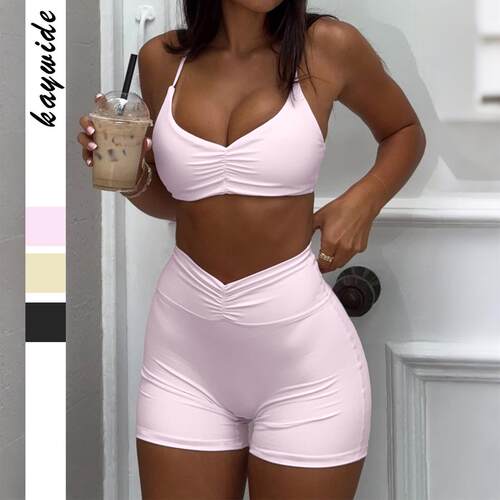 Women 2 Piece Ruched Workout Set Long Sleeve Crop Top and