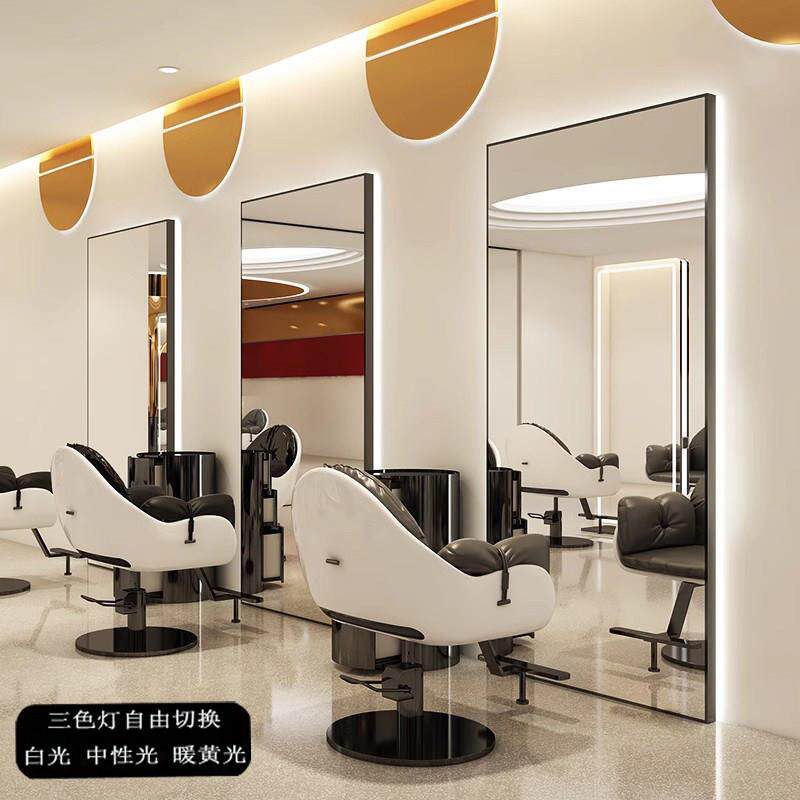 方形网红理髲店镜台美发店镜子带灯剪发镜发廊专用单面挂墙落地镜