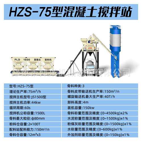 JS1500三仓配料商砼站 混凝土水泥砂浆拌合站商用 HZS75型搅拌站