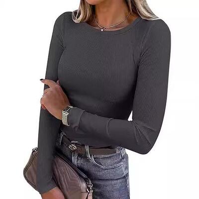 Womens Crewneck Short Sleeve Ribbed T-Shirt Slim Fit Tops