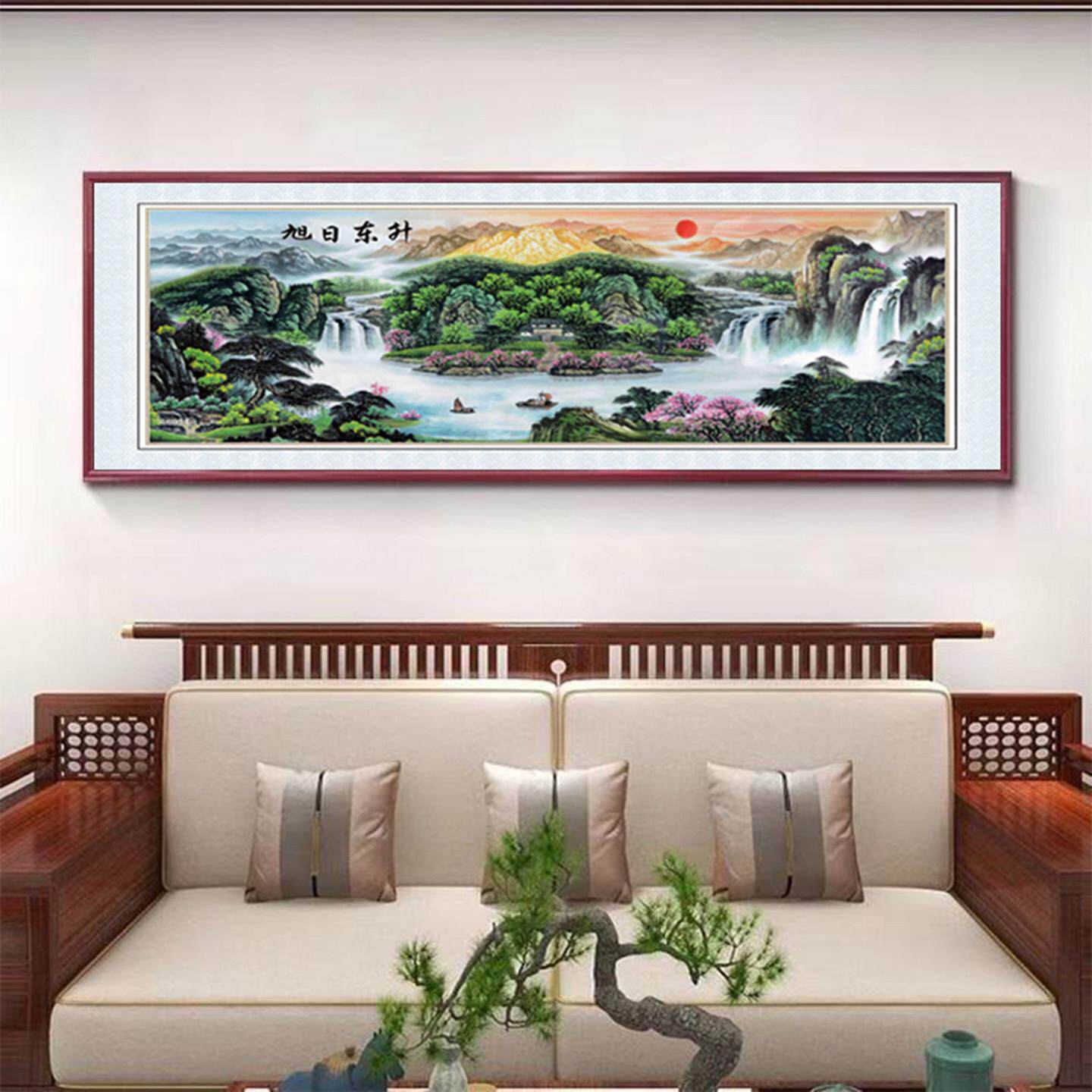 浮雕描金旭日东升横幅客厅沙发办公室背景墙挂画红胡桃木纹框铝合