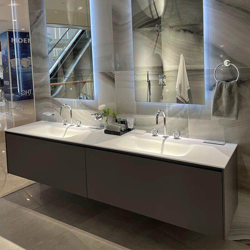 定制现代简约可丽耐一体双盆洗漱台浴室柜组合卫生间洗脸洗手盆柜