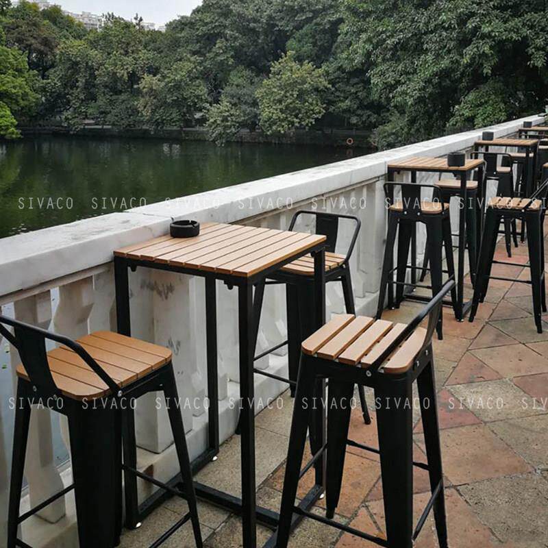 户外高脚凳高脚椅工业风吧台椅铁艺室外阳台网红塑木吧凳吧台凳